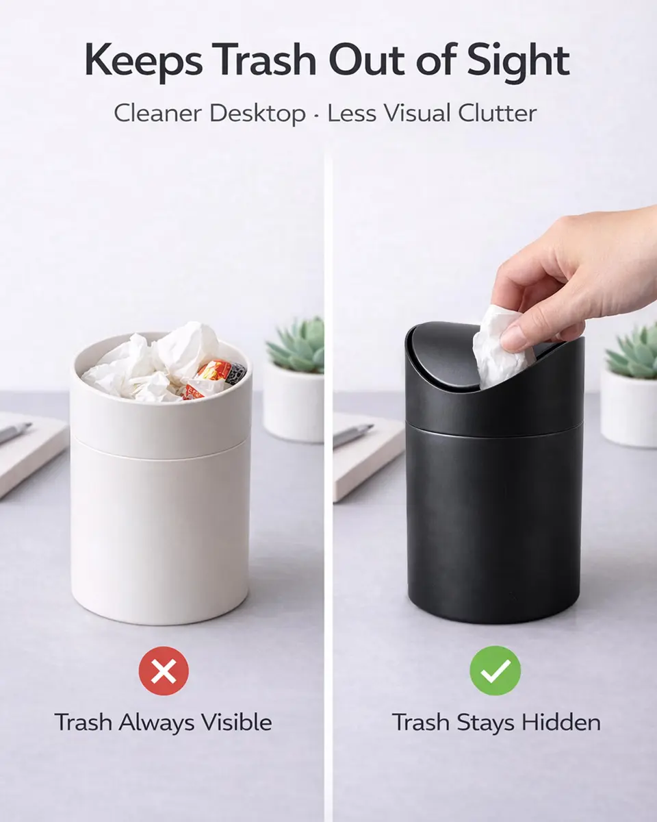 JILLICK Matte Black Mini Trash Can with Lid 1.5L (0.4 Gal) | Compact Metal Swing Top Waste Bin for Desks & Coffee Bars - view 4