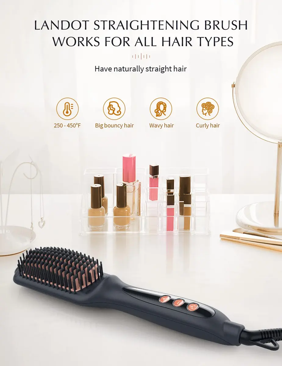 LANDOT Hair Straightener Brush Ionic Ceramic Heated Hot Brush | 12 Temp Settings, Dual Voltage, Safe & Fast - view 7