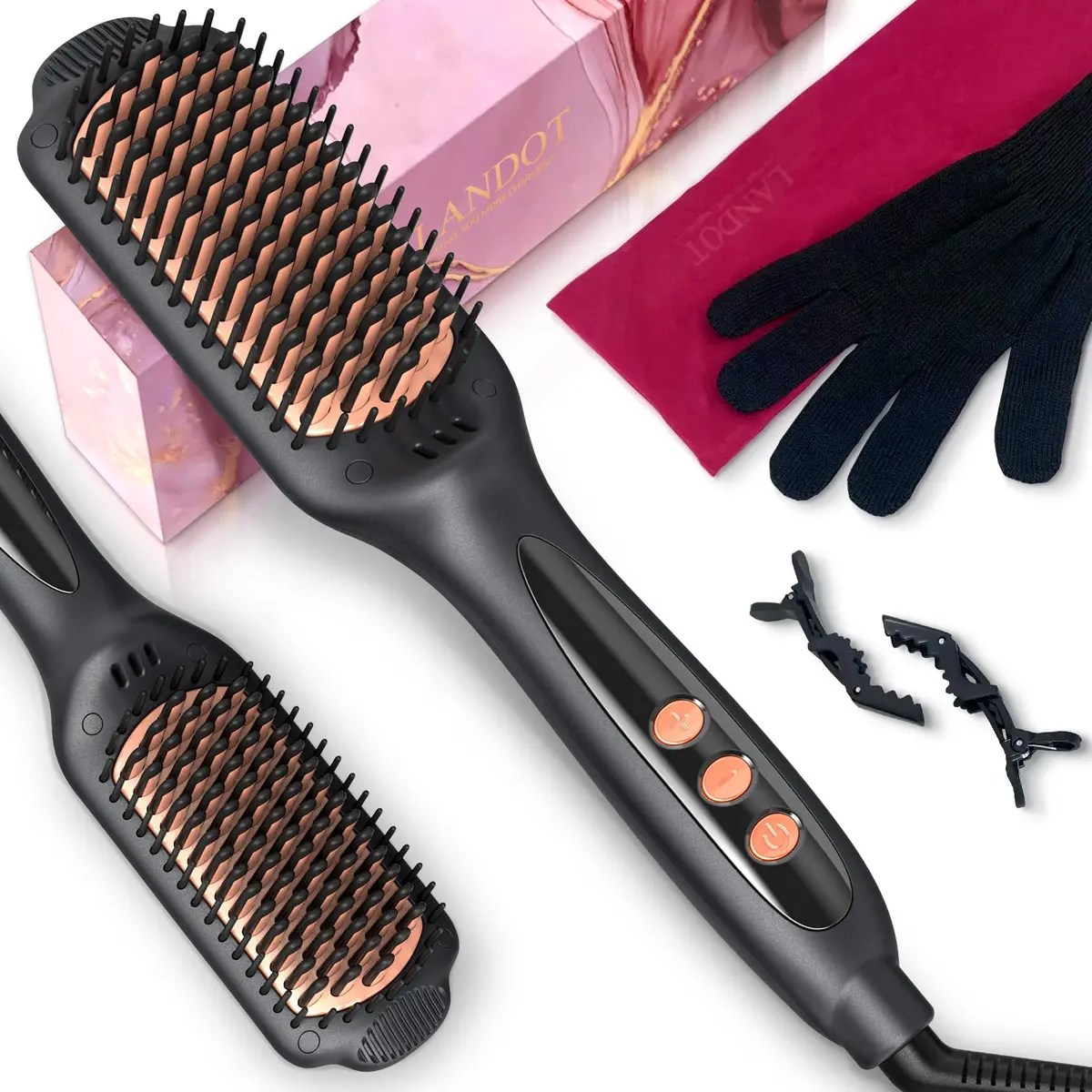 LANDOT Hair Straightener Brush Ionic Ceramic Heated Hot Brush | 12 Temp Settings, Dual Voltage, Safe & Fast - view 9