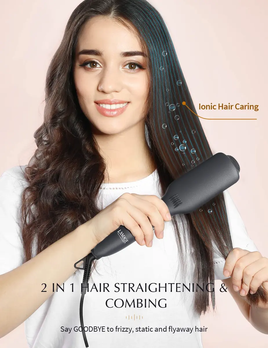 LANDOT Hair Straightener Brush Ionic Ceramic Heated Hot Brush | 12 Temp Settings, Dual Voltage, Safe & Fast - view 2