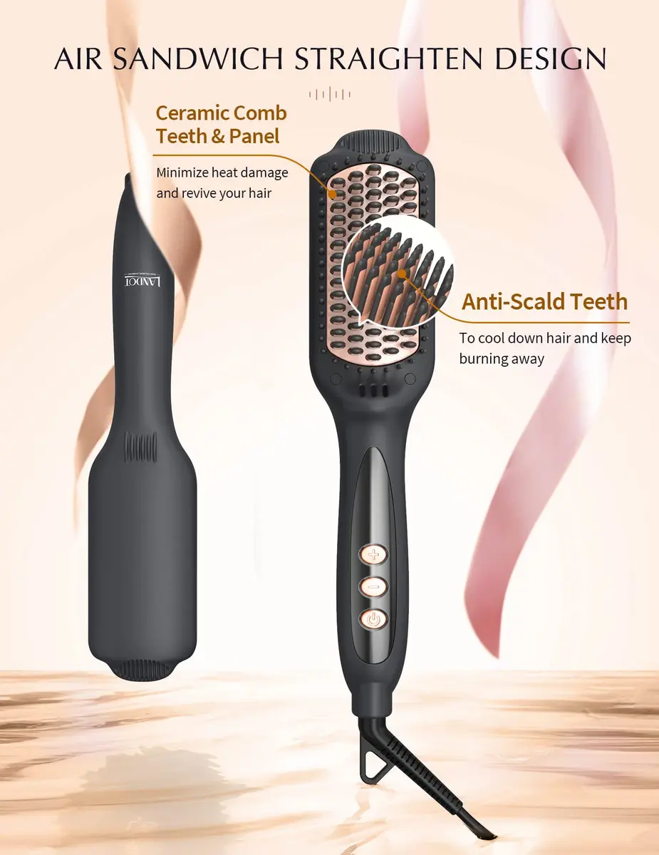 LANDOT Hair Straightener Brush Ionic Ceramic Heated Hot Brush | 12 Temp Settings, Dual Voltage, Safe & Fast - view 3