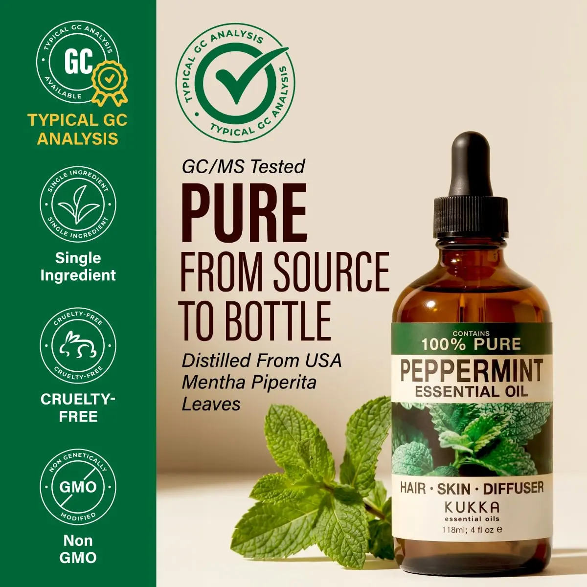 KUKKA Essential Oils Peppermint Essential Oil 118ml (4 Fl Oz) | Pure, Organic, Steam Distilled for Aromatherapy & Skin - view 4