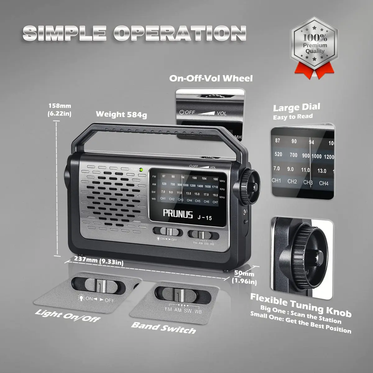 PRUNUS NOAA Weather AM FM Portable Radio | Emergency NOAA Weather Radio with Flashlight & Earphone Jack - view 6