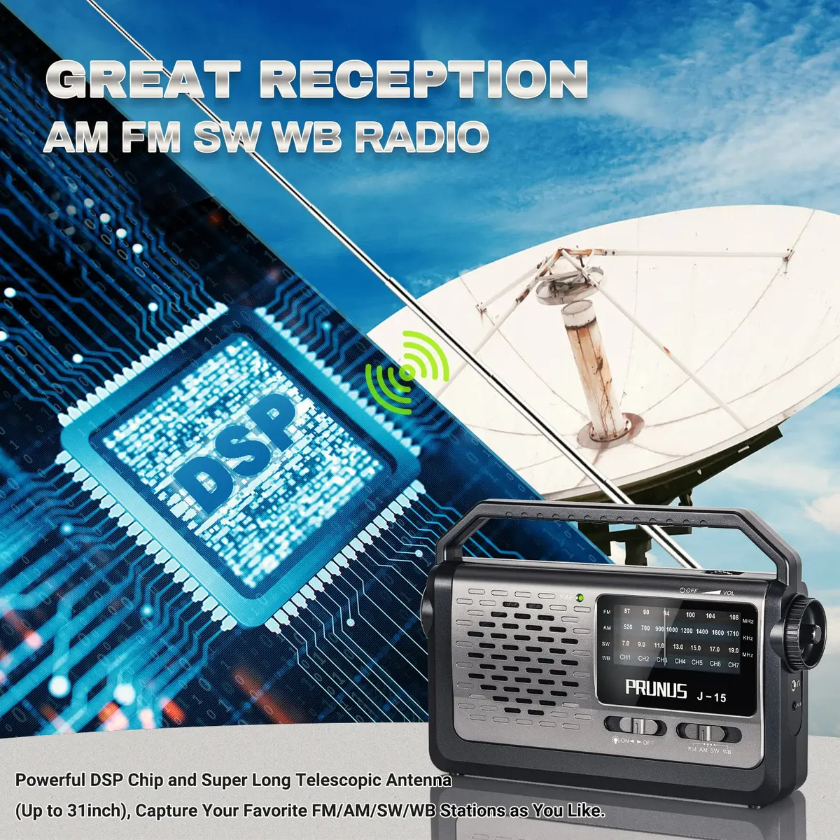 PRUNUS NOAA Weather AM FM Portable Radio | Emergency NOAA Weather Radio with Flashlight & Earphone Jack - view 3