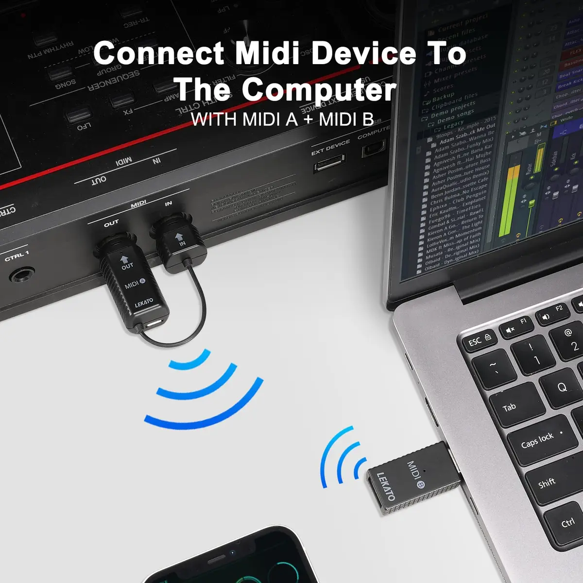 LEKATO Wireless MIDI Adapter Bluetooth 5-PIN DIN with USB, Low Latency Rechargeable for Synthesizer, Digital Piano Keyboard to Mac OS/iOS/Windows | USB MIDI Controller for Music Production - view 5