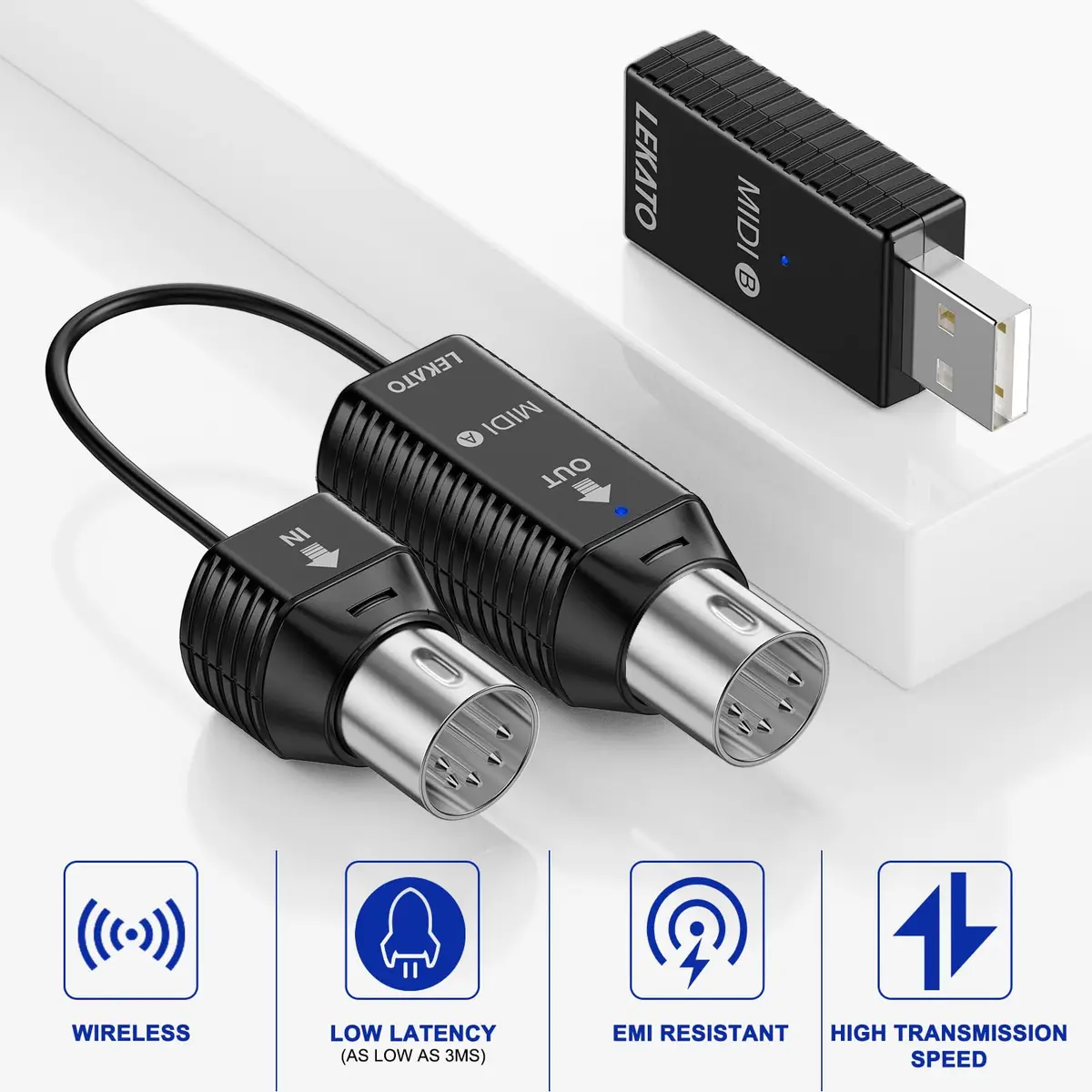 LEKATO Wireless MIDI Adapter Bluetooth 5-PIN DIN with USB, Low Latency Rechargeable for Synthesizer, Digital Piano Keyboard to Mac OS/iOS/Windows | USB MIDI Controller for Music Production - view 2