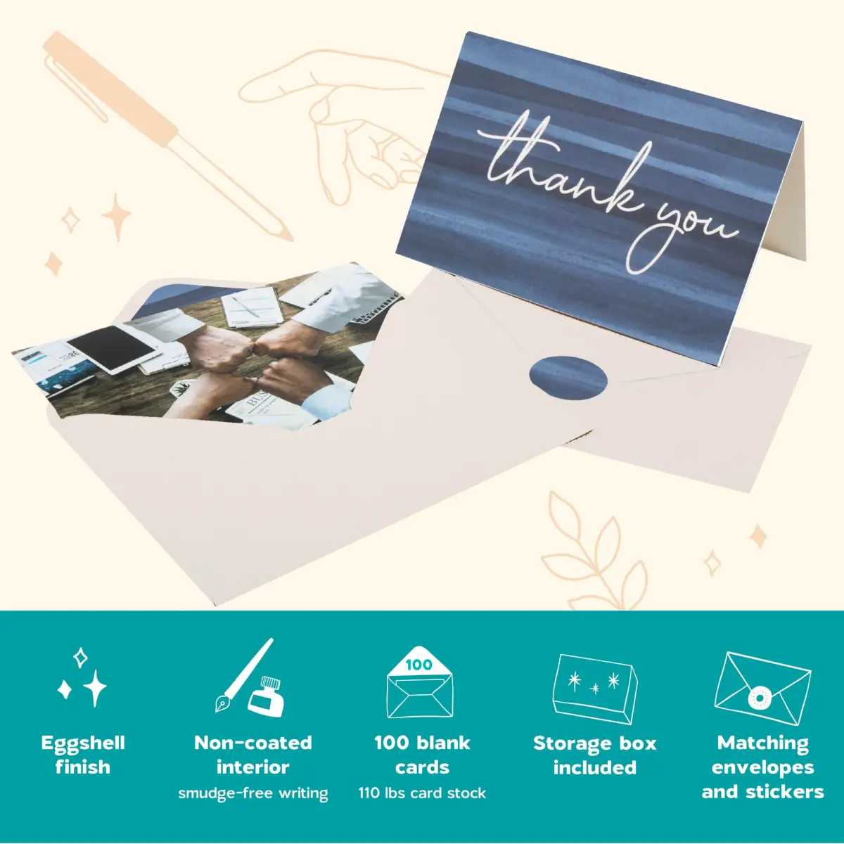 VNS Creations Ombré Thank You Cards With Envelopes 100 Pack 4 x 6 Inch | Blank Inside, Premium Cardstock - view 6