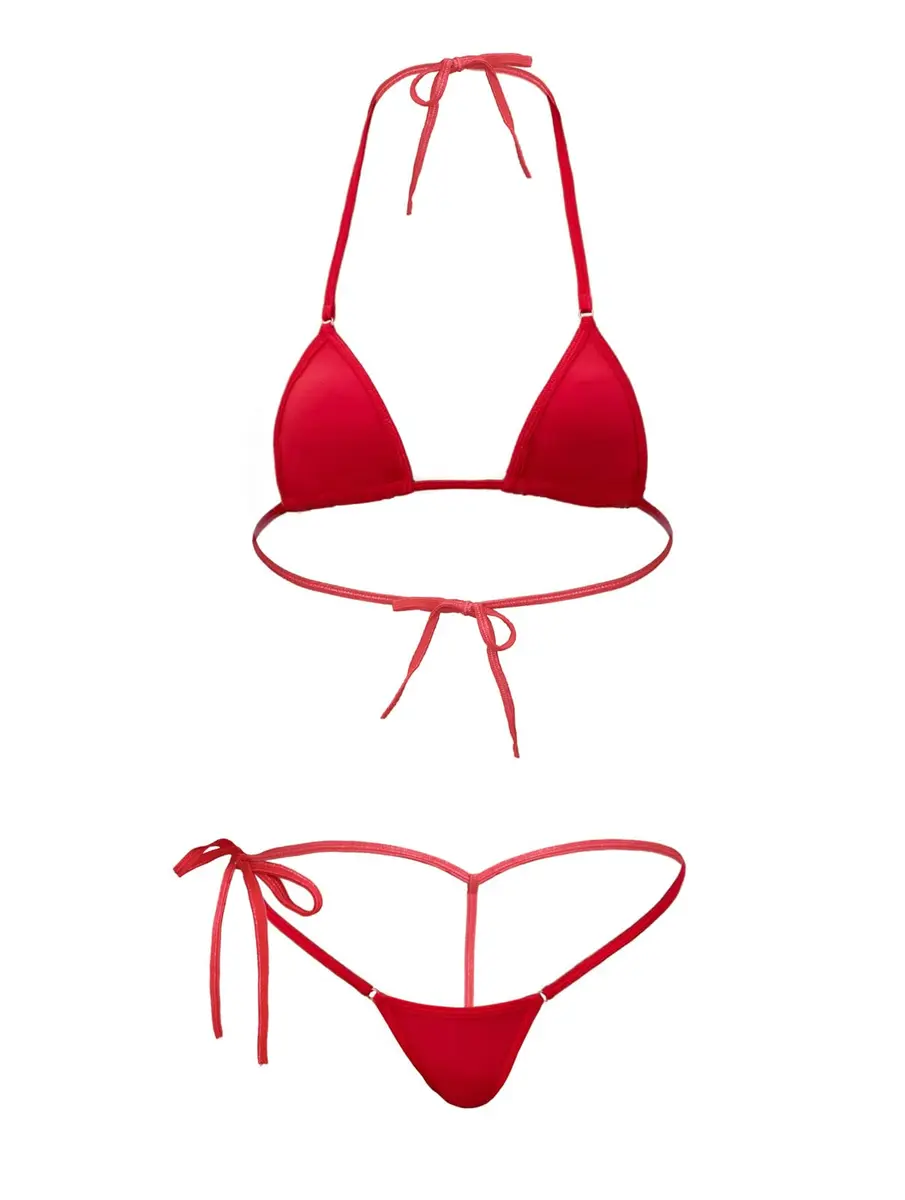 Dadress Extreme Sexy Micro Bikini Set Red | Halter Neck Triangle Top & G-String Bottom - view 6