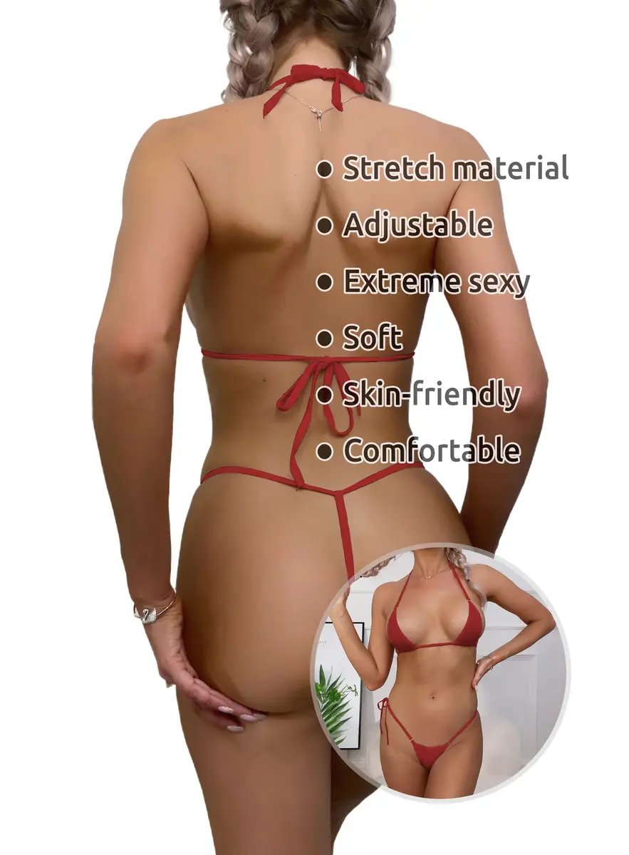 Dadress Extreme Sexy Micro Bikini Set Red | Halter Neck Triangle Top & G-String Bottom - view 9