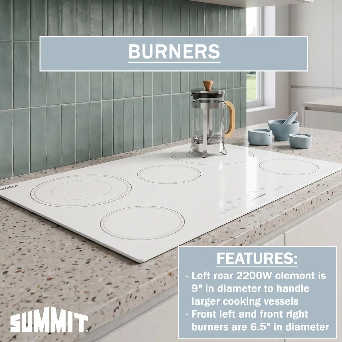 Summit 30" 5 Burner Electric Cooktop, White | ADA Compliant, 240V, Ceramic Glass - view 4