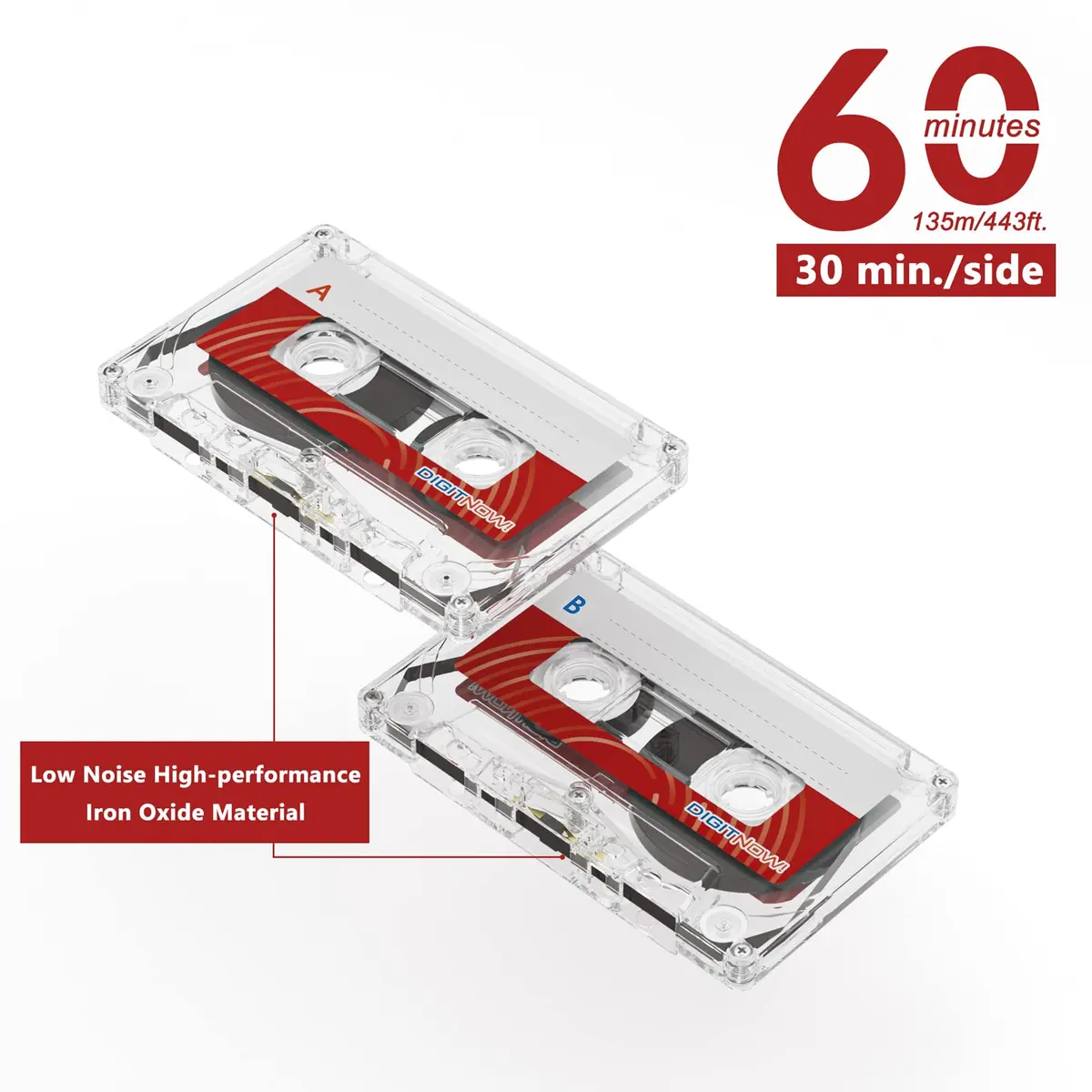 DIGITNOW Blank Cassette Tapes Audio - Low Noise 60 Min for Lectures & Recording (3 Pack) | Analog Tape for Music & Voice - view 3