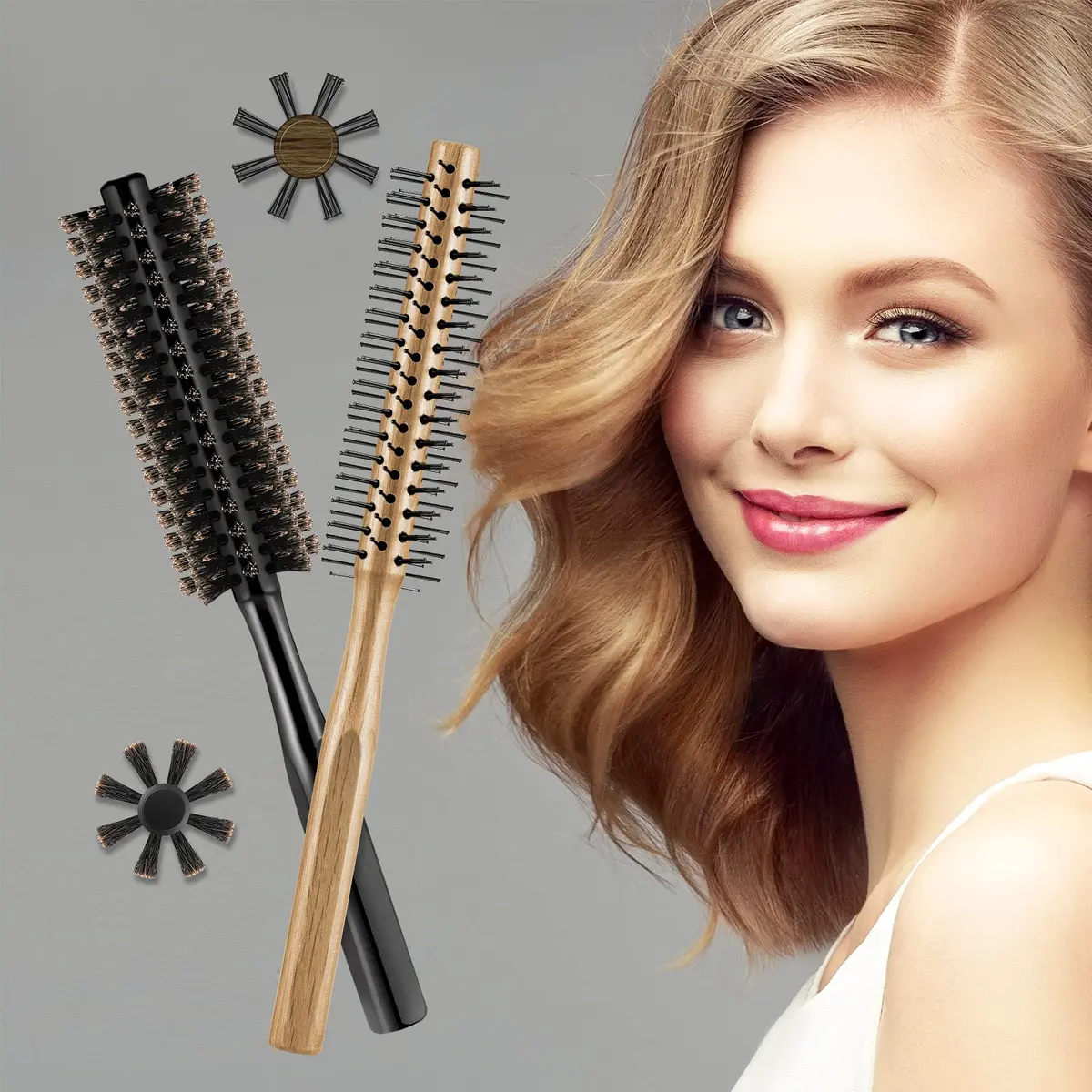 Geiserailie 2 Pieces Round Hair Comb Set 21 cm (8.26 inches) | Bristle & Wood Massage Brushes - view 5