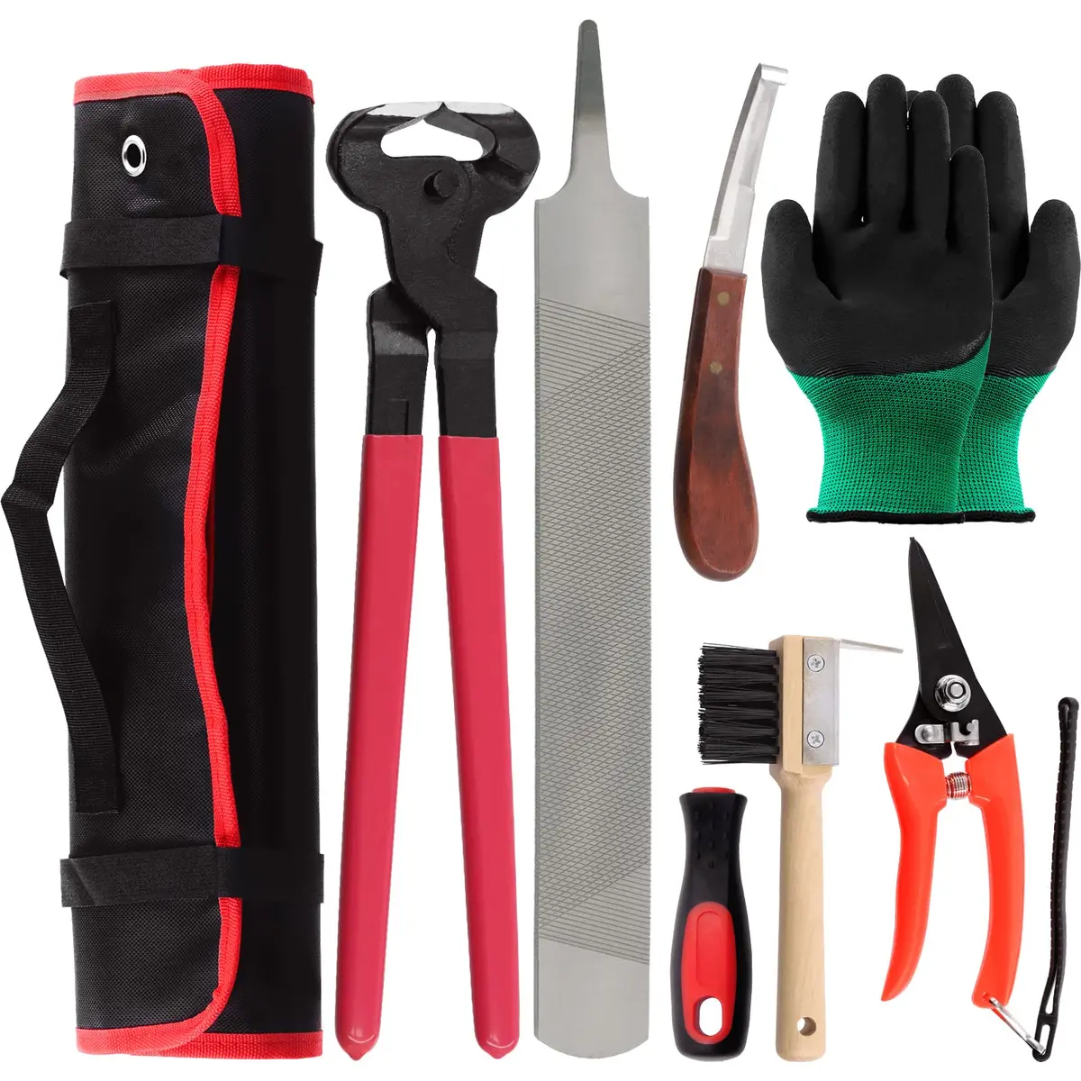 Swpeet 8Pcs Farrier Tools Kit with Roll Pack | Horses Hoof Trimmers, Nipper, Rasp & Knife, Rubber Handle (7 pcs + Gloves) | Pet Supplies - main product image