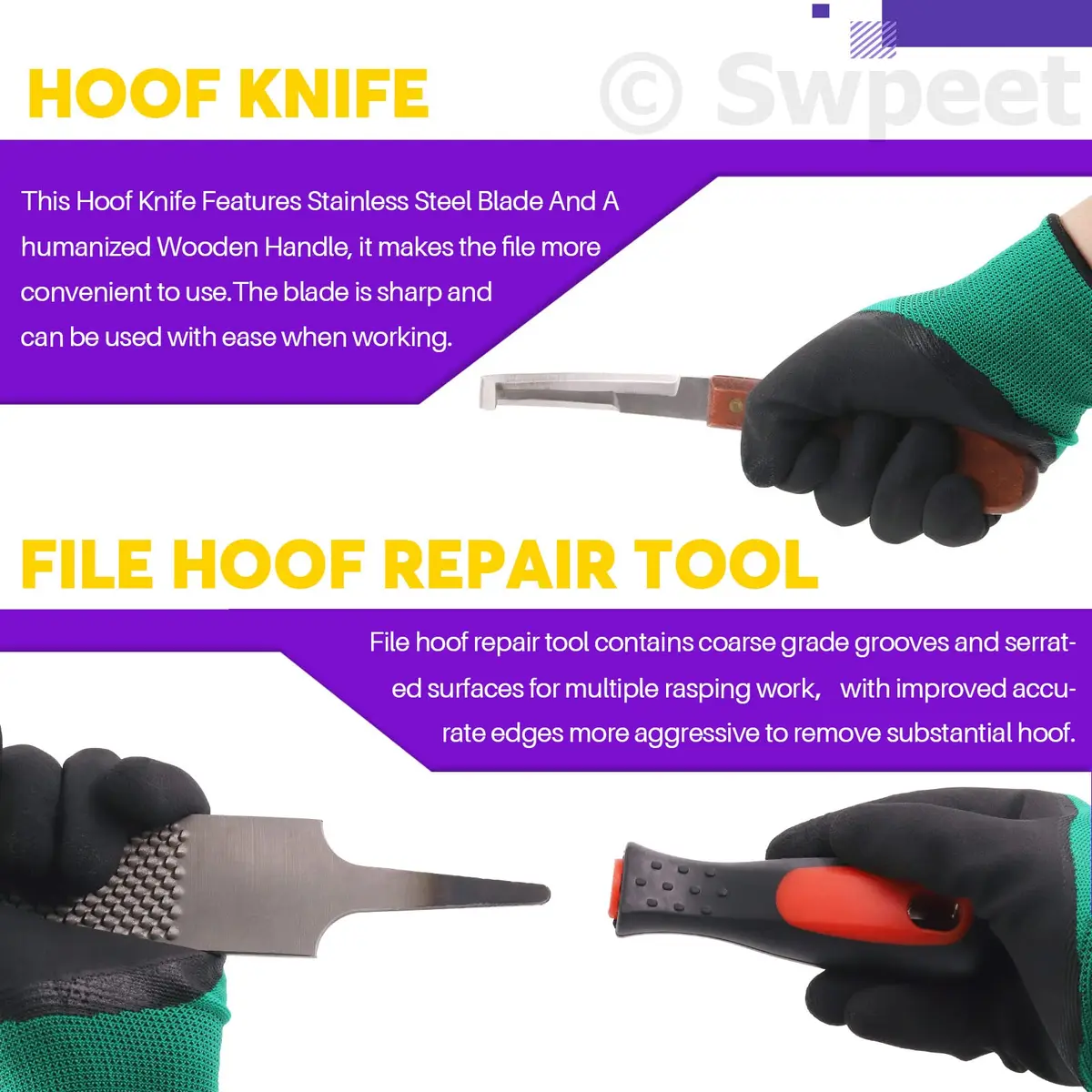 Swpeet 8Pcs Farrier Tools Kit with Roll Pack | Horses Hoof Trimmers, Nipper, Rasp & Knife, Rubber Handle (7 pcs + Gloves) | Pet Supplies - view 5