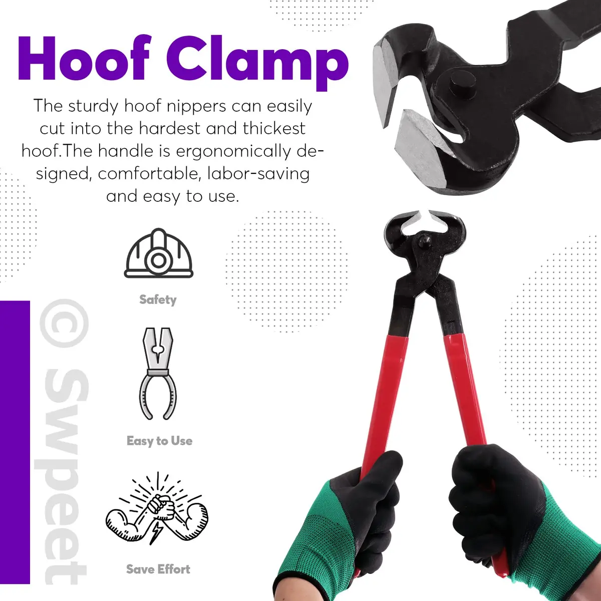 Swpeet 8Pcs Farrier Tools Kit with Roll Pack | Horses Hoof Trimmers, Nipper, Rasp & Knife, Rubber Handle (7 pcs + Gloves) | Pet Supplies - view 6