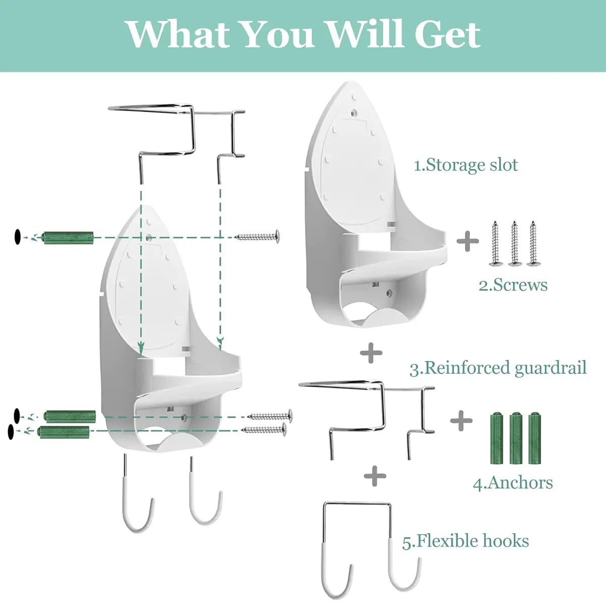 DOUBLE 2 C White Ironing Board Hanger Wall Mount with Hooks for Hot Unplugged Irons & Boards, 15.3cm (6") Wide - view 4