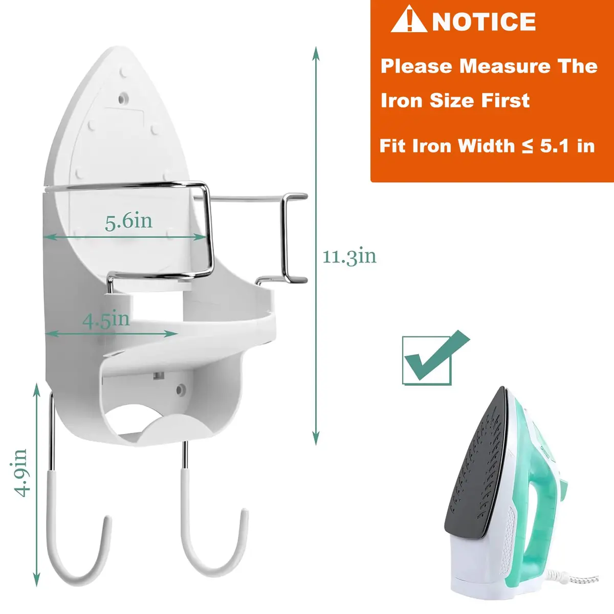 DOUBLE 2 C White Ironing Board Hanger Wall Mount with Hooks for Hot Unplugged Irons & Boards, 15.3cm (6") Wide - view 3