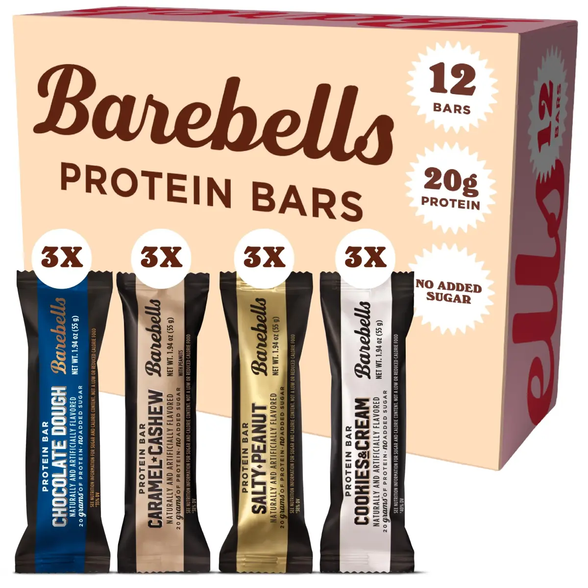 BAREBELLS Protein Bars Variety Pack 12 Count 1.9oz | High Protein Snacks - main product image
