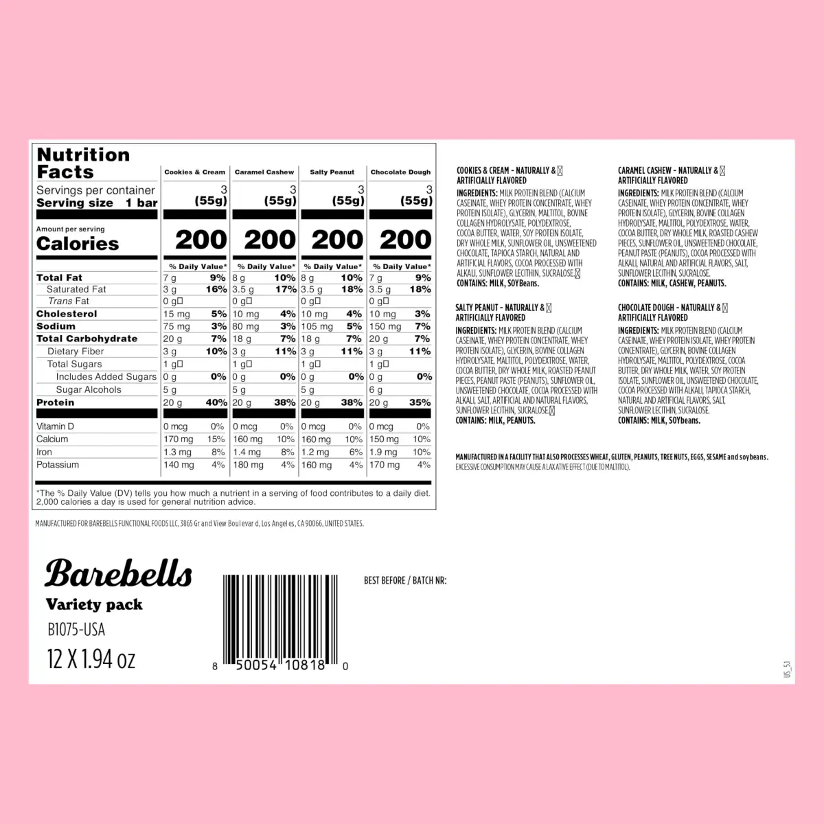 BAREBELLS Protein Bars Variety Pack 12 Count 1.9oz | High Protein Snacks - view 2