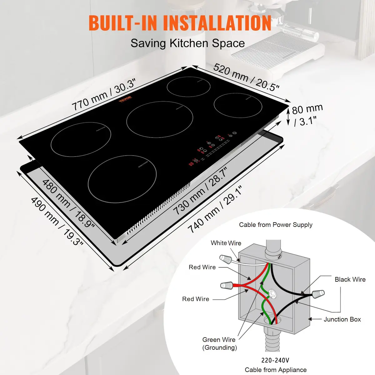 VEVOR 30 Inch 5 Burner Induction Cooktop 9000W 240V | Built-in Ceramic Glass with Sensor Touch Controls - view 5