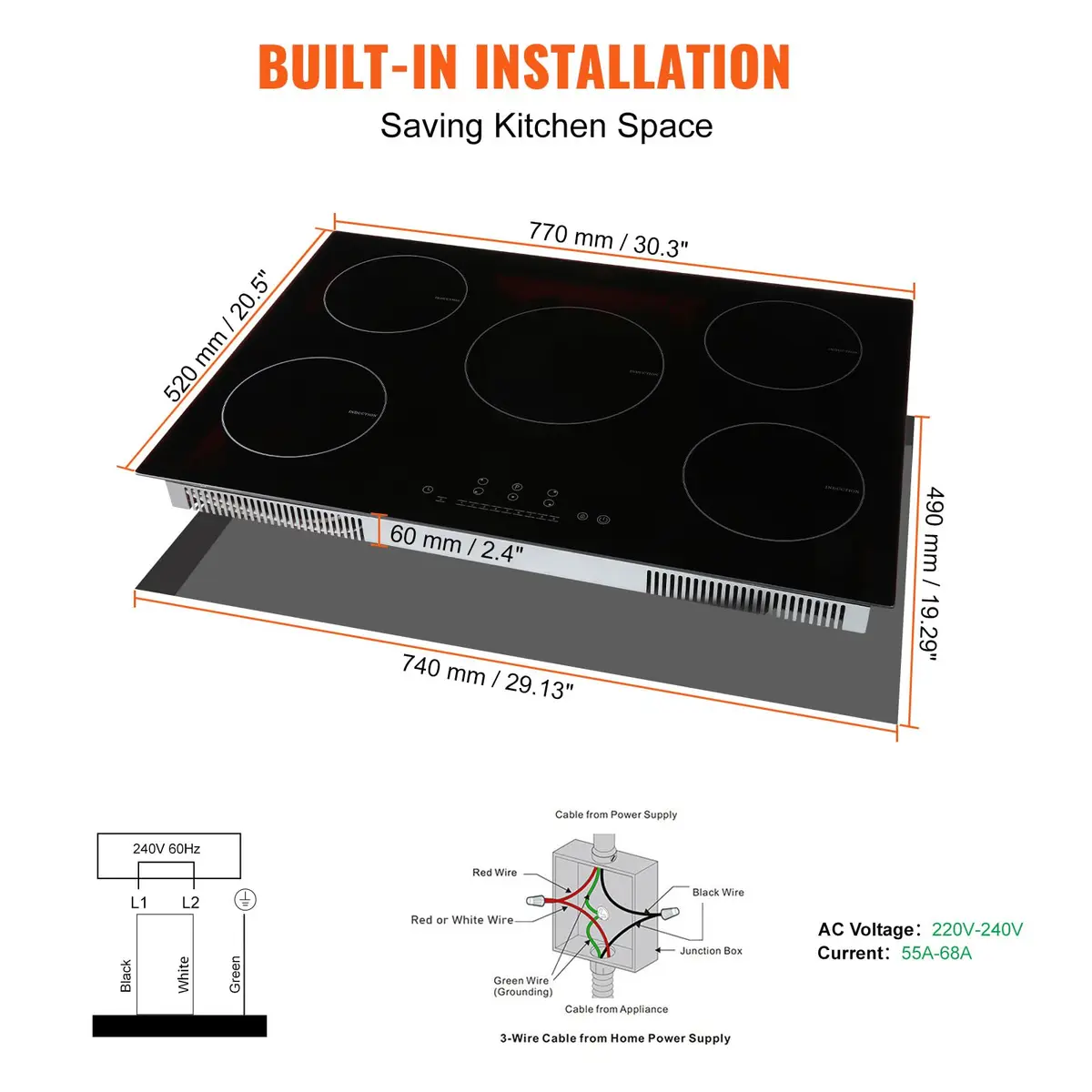 VEVOR 30 Inch 5 Burner Induction Cooktop 9000W 240V | Built-in Ceramic Glass with Sensor Touch Controls - view 6