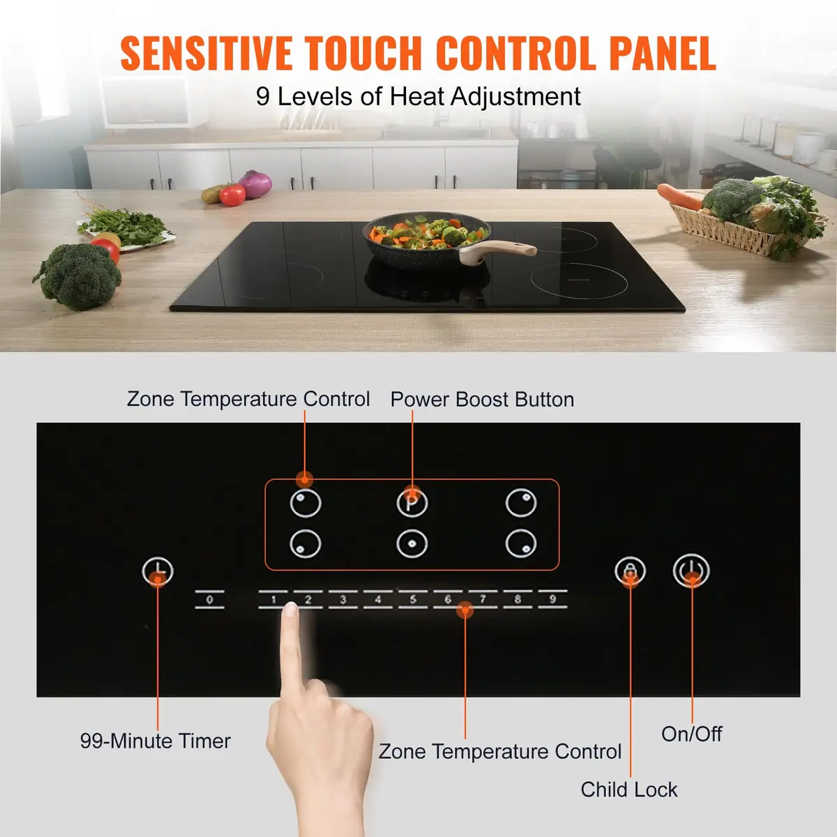 VEVOR 30 Inch 5 Burner Induction Cooktop 9000W 240V | Built-in Ceramic Glass with Sensor Touch Controls - view 3