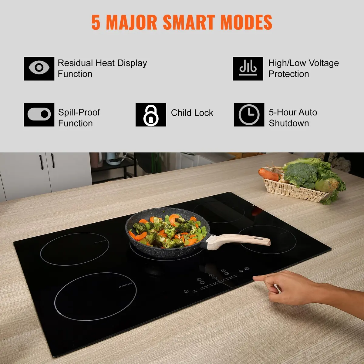 VEVOR 30 Inch 5 Burner Induction Cooktop 9000W 240V | Built-in Ceramic Glass with Sensor Touch Controls - view 4