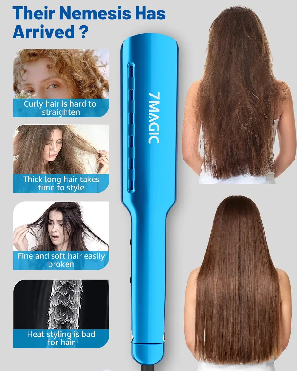 7MAGIC Nano Titanium 1.7" Flat Iron Hair Straightener for Thick Hair, Blue | Dual Voltage 110-220V - view 6