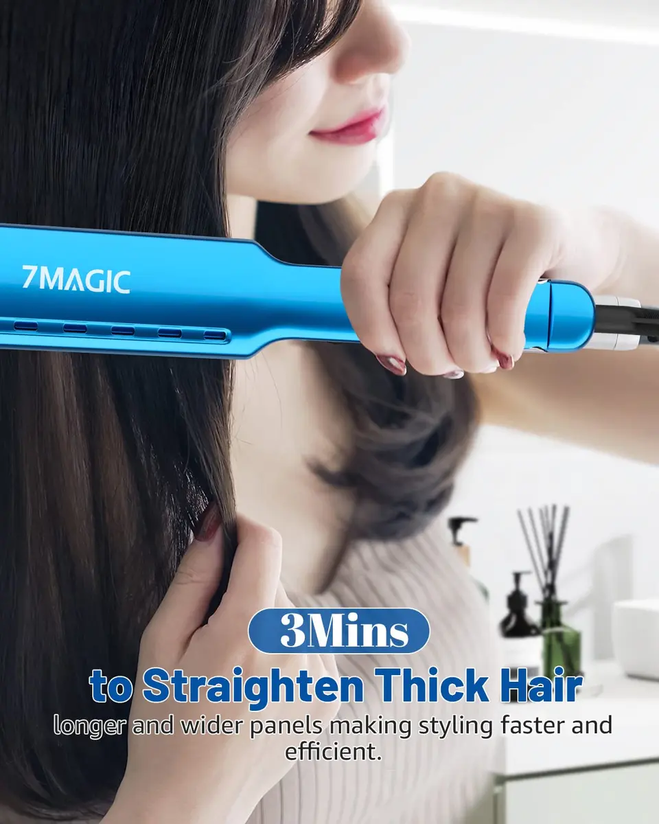 7MAGIC Nano Titanium 1.7" Flat Iron Hair Straightener for Thick Hair, Blue | Dual Voltage 110-220V - view 2