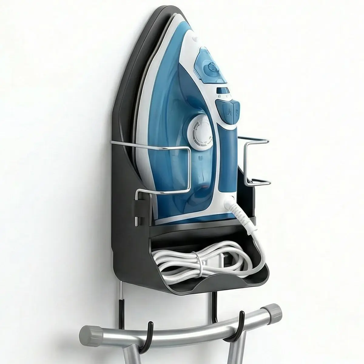 DOUBLE 2 C Black Ironing Board Hanger Wall Mount with Iron Holder & Hooks | 11.3" L x 4.5" W - main product image