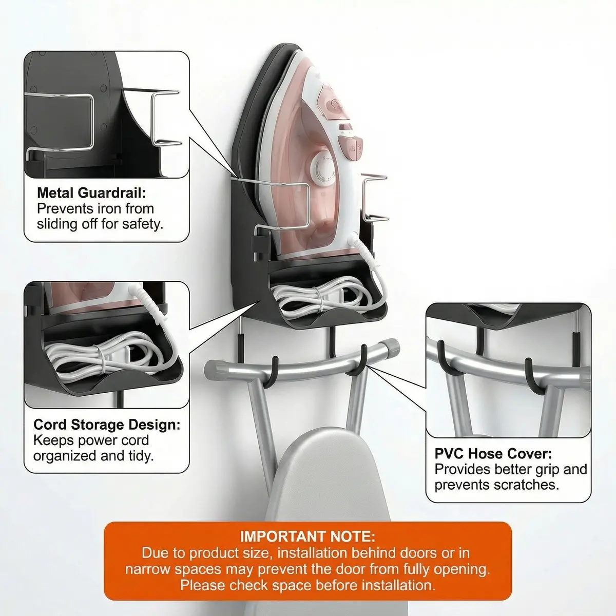 DOUBLE 2 C Black Ironing Board Hanger Wall Mount with Iron Holder & Hooks | 11.3" L x 4.5" W - view 2