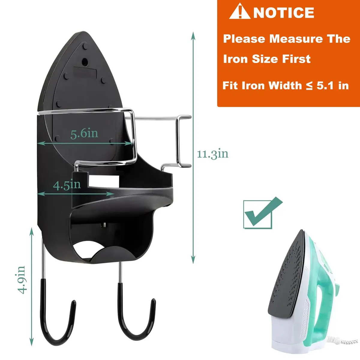 DOUBLE 2 C Black Ironing Board Hanger Wall Mount with Iron Holder & Hooks | 11.3" L x 4.5" W - view 3