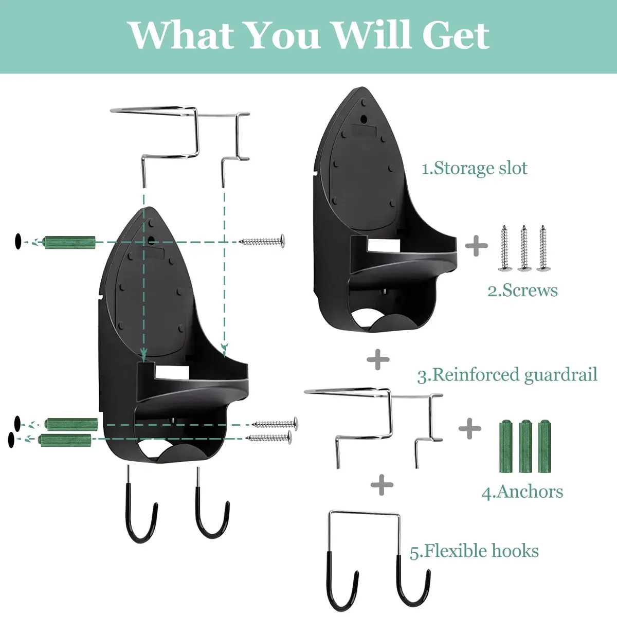 DOUBLE 2 C Black Ironing Board Hanger Wall Mount with Iron Holder & Hooks | 11.3" L x 4.5" W - view 4