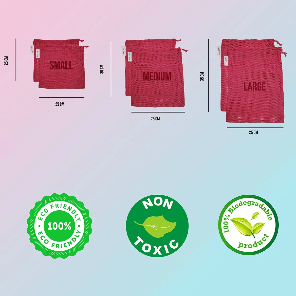 NECAVU 100% Cotton Reusable Fridge Storage Bags Set of 6 | Eco-friendly Onion Pink Vegetable Bags with Drawstring (25cm x 25cm, 25cm x 30cm, 25cm x 35cm) - view 5