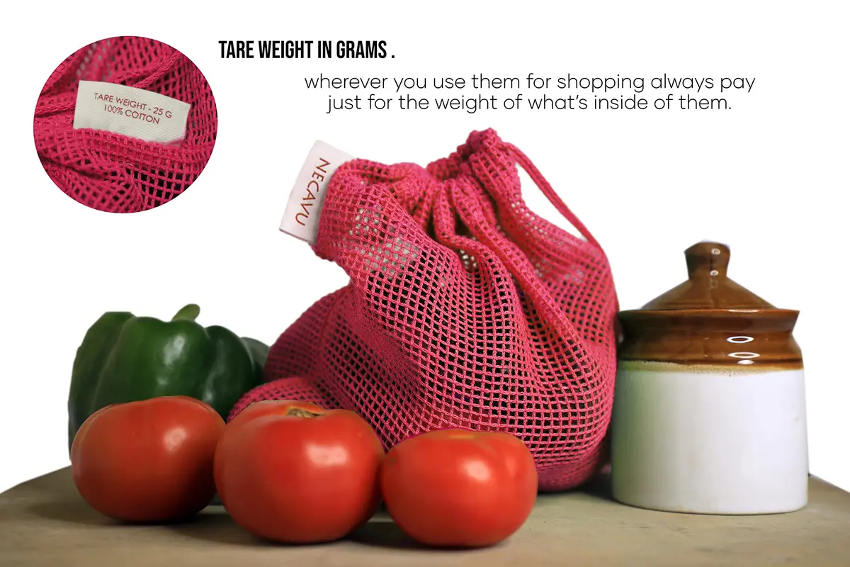 NECAVU 100% Cotton Reusable Fridge Storage Bags Set of 6 | Eco-friendly Onion Pink Vegetable Bags with Drawstring (25cm x 25cm, 25cm x 30cm, 25cm x 35cm) - view 2