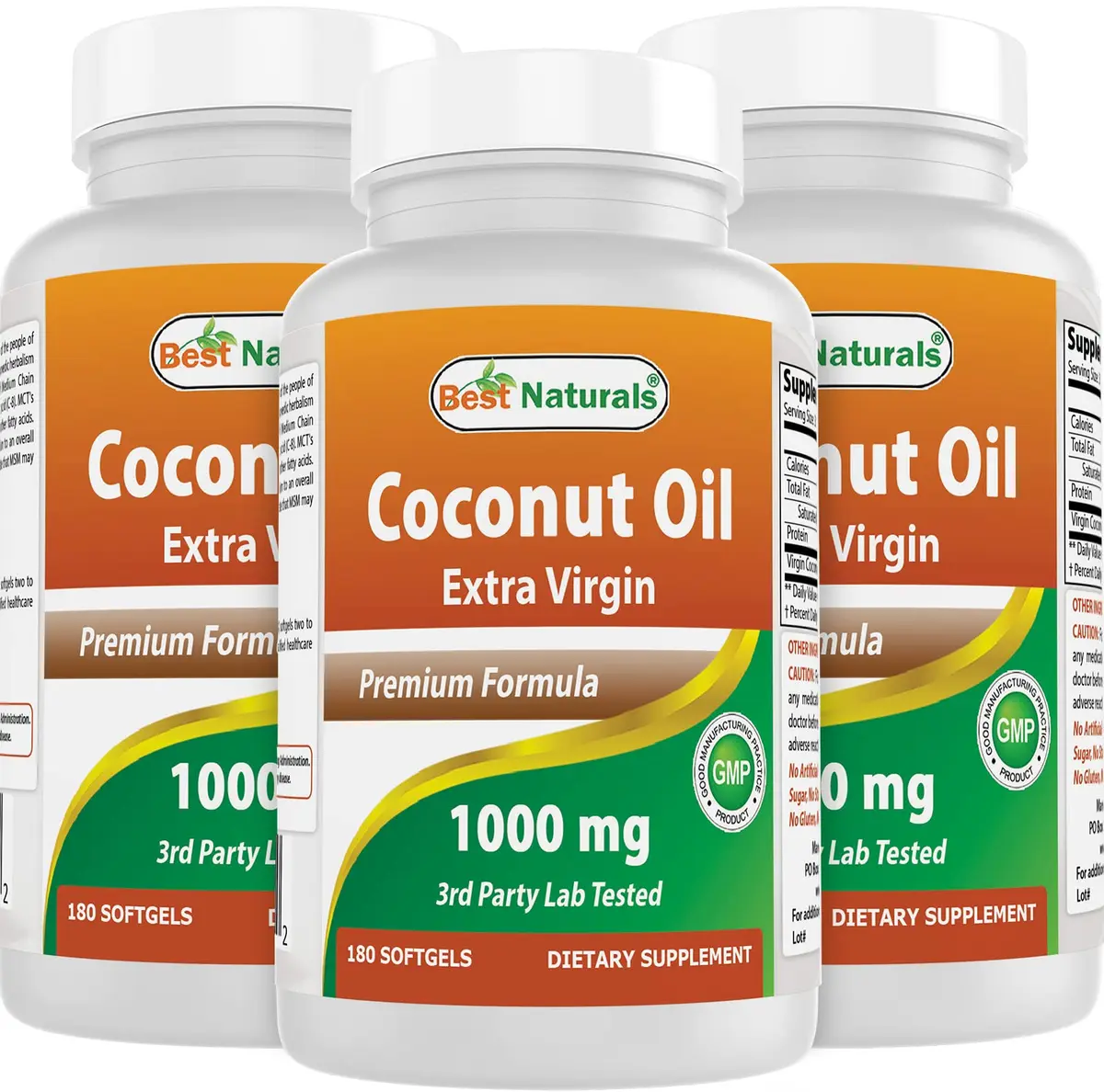 Best Naturals Extra Virgin Coconut Oil 1000 mg Softgel 180 Count | 3 Pack, Non-GMO, Gluten-Free, Made in USA - main product image