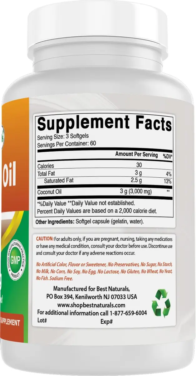 Best Naturals Extra Virgin Coconut Oil 1000 mg Softgel 180 Count | 3 Pack, Non-GMO, Gluten-Free, Made in USA - view 6