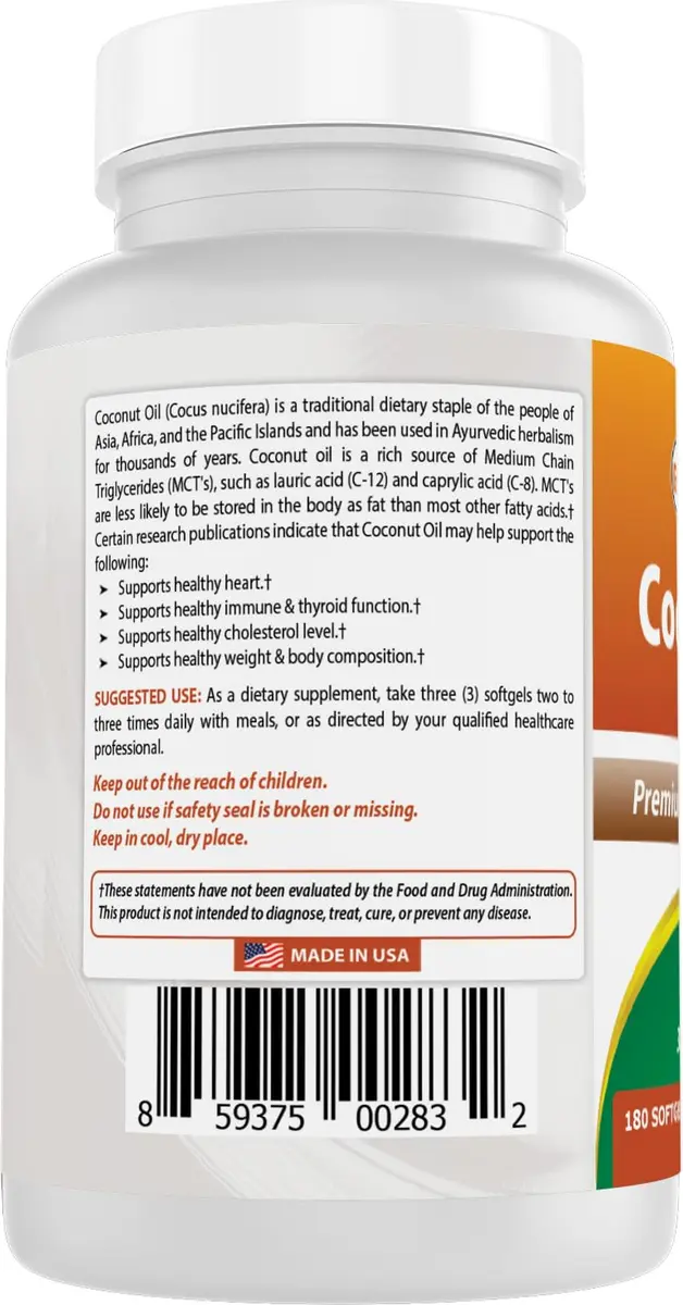 Best Naturals Extra Virgin Coconut Oil 1000 mg Softgel 180 Count | 3 Pack, Non-GMO, Gluten-Free, Made in USA - view 7
