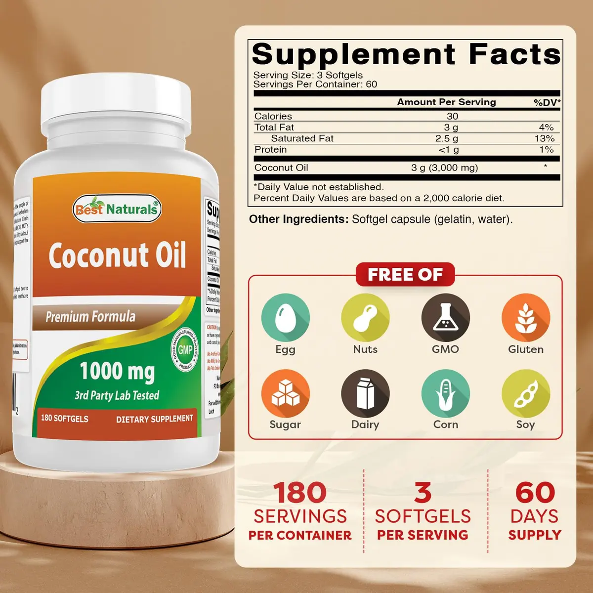 Best Naturals Extra Virgin Coconut Oil 1000 mg Softgel 180 Count | 3 Pack, Non-GMO, Gluten-Free, Made in USA - view 2