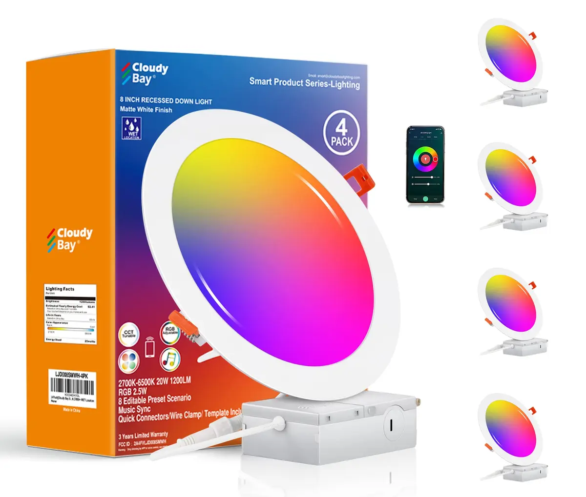 CLOUDY BAY 8 inch Smart WiFi LED Recessed Lights 4 Pack | Color Changing, Alexa & Google Compatible, Wet Location - main product image
