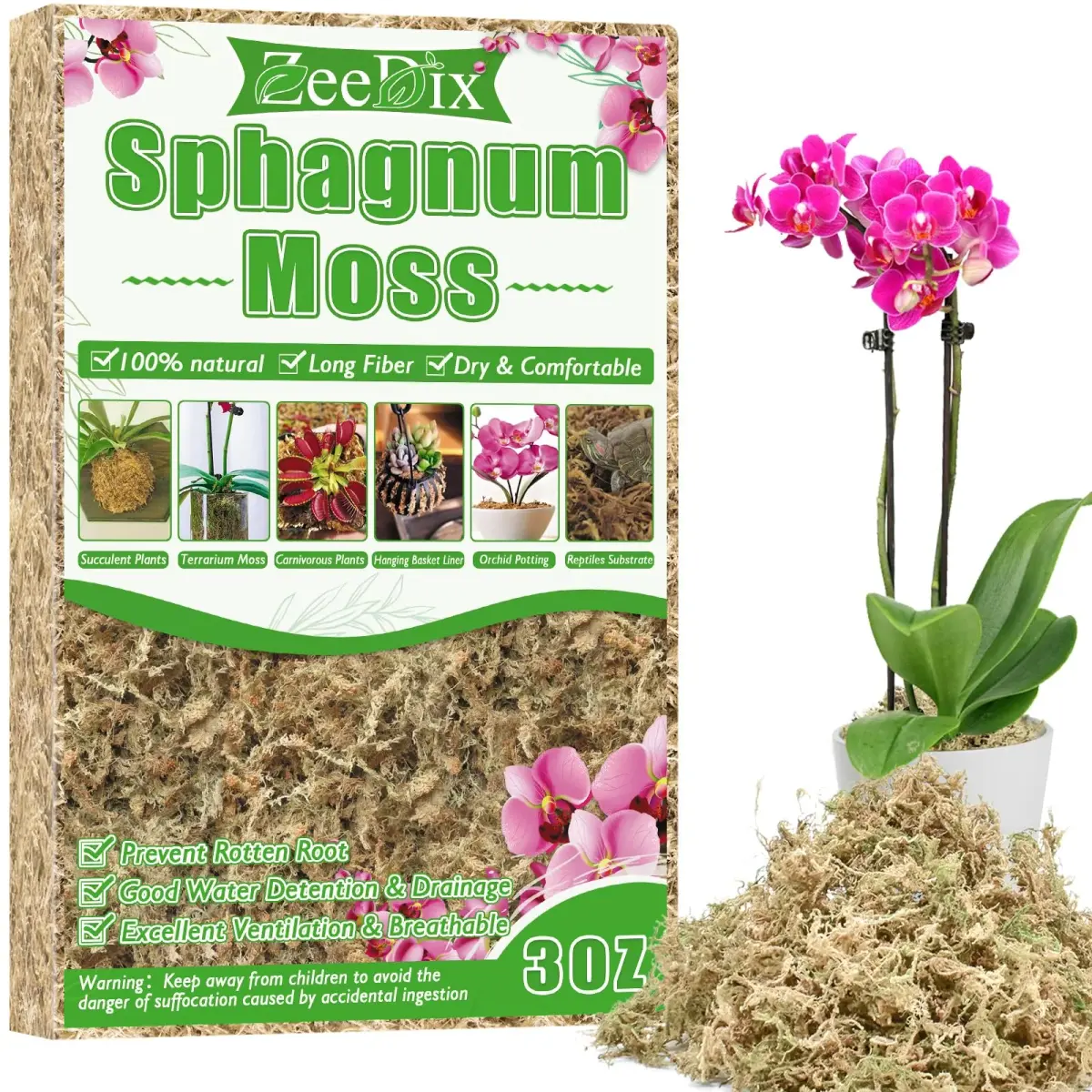 ZeeDix Natural Sphagnum Moss 3 oz (170g) | Long Fiber Moss for Indoor Plants, Orchids, Carnivorous Plants, Succulents, Reptiles - main product image