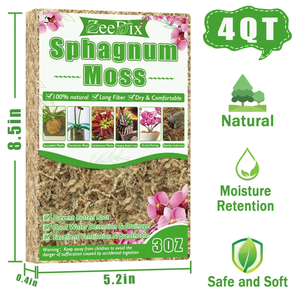 ZeeDix Natural Sphagnum Moss 3 oz (170g) | Long Fiber Moss for Indoor Plants, Orchids, Carnivorous Plants, Succulents, Reptiles - view 2