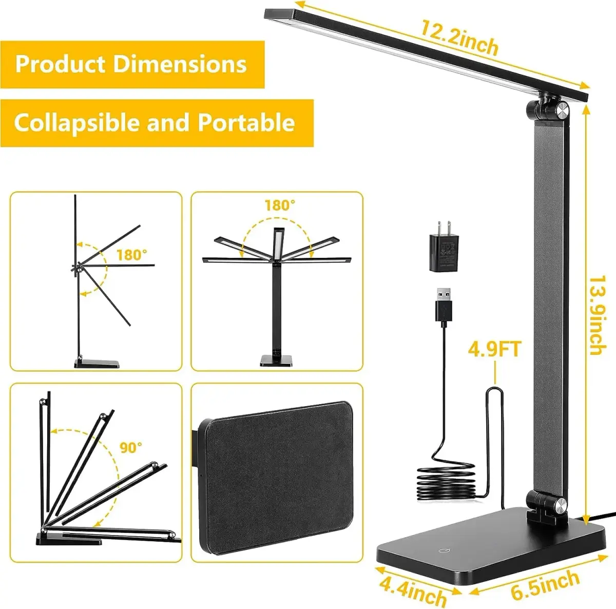 Best World LED Black Desk Lamp with USB Charging Port | 8W 5000K Cool White Light - view 4
