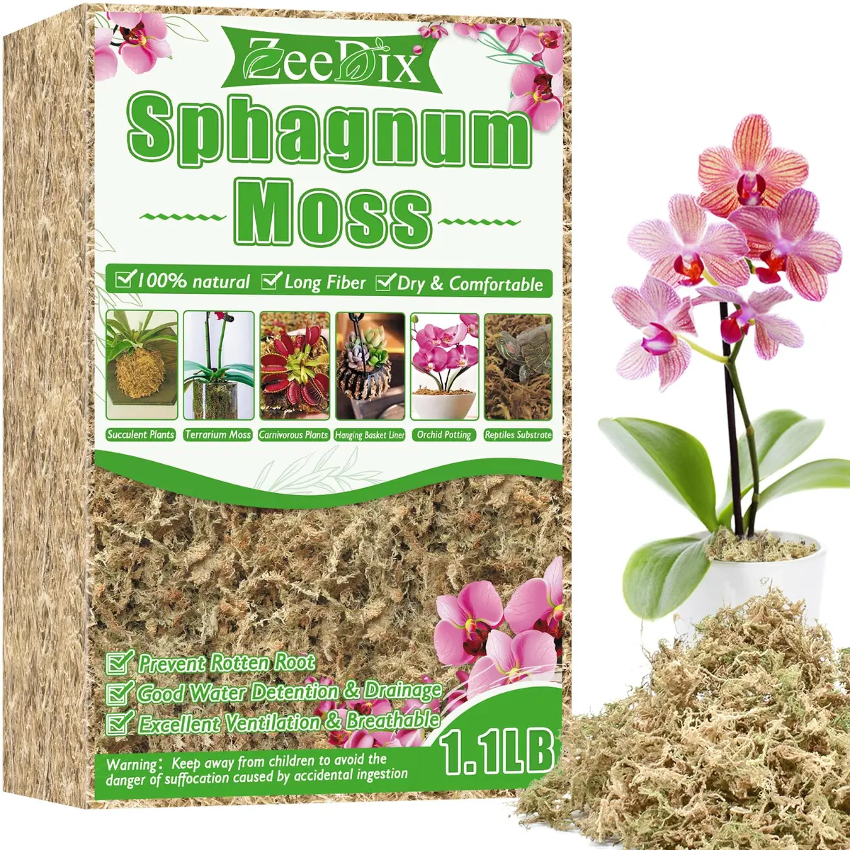 ZeeDix Natural Sphagnum Moss 0.49 kg (1.1 lb) | Expands to 25 qt for Indoor Plants - main product image