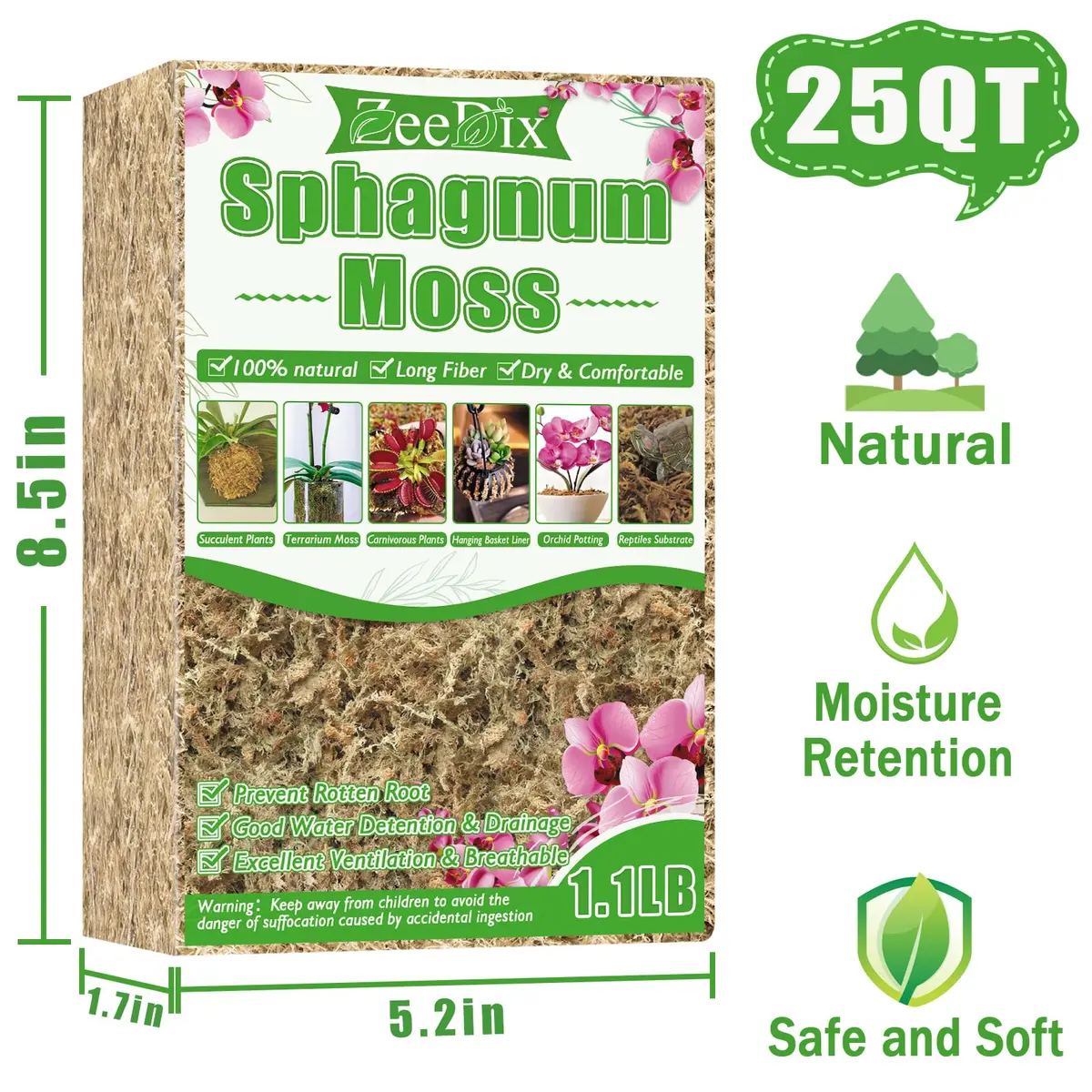 ZeeDix Natural Sphagnum Moss 0.49 kg (1.1 lb) | Expands to 25 qt for Indoor Plants - view 2