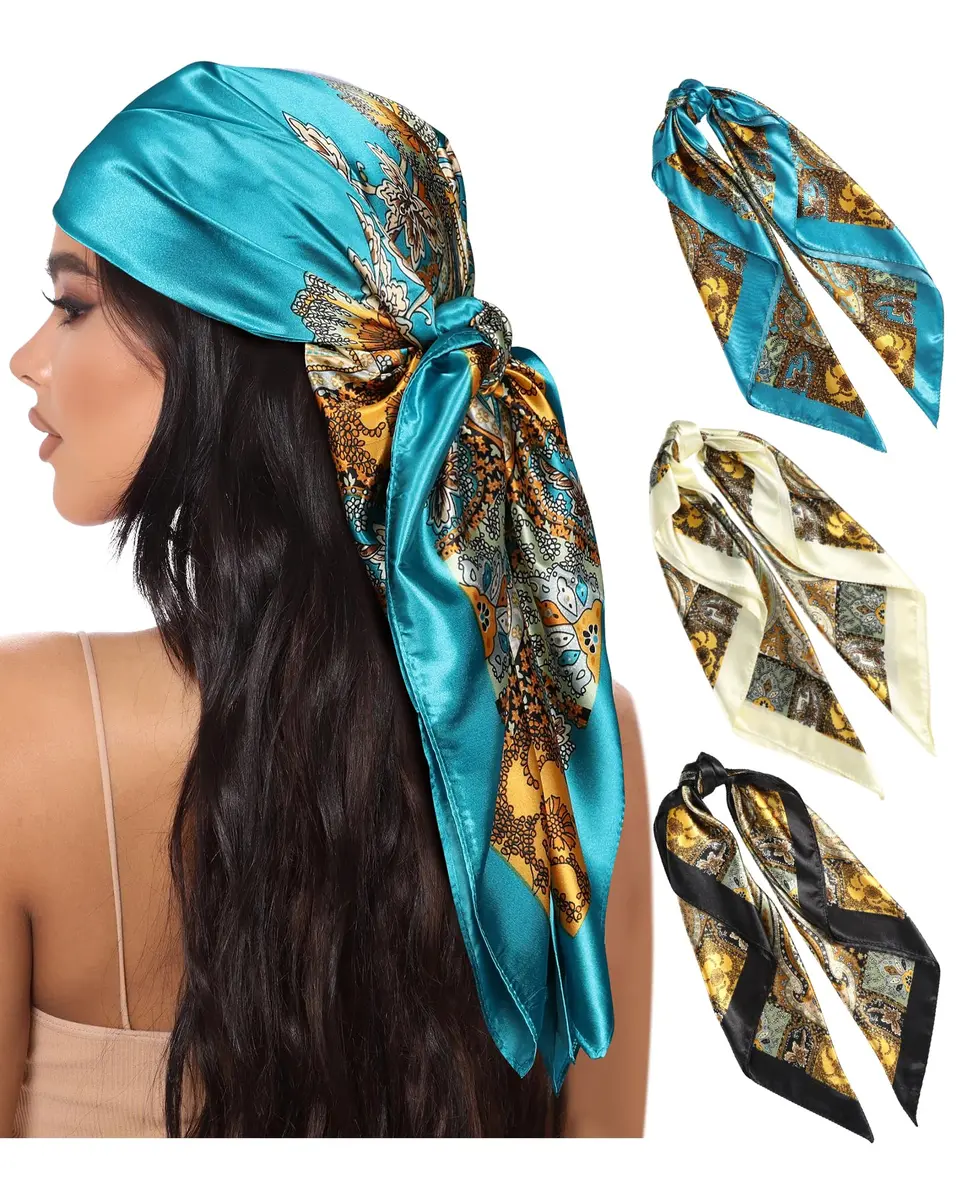 AWAYTR Satin Head Scarf for Women 3 Pcs 90x90cm | Elegant, Breathable & Versatile - main product image