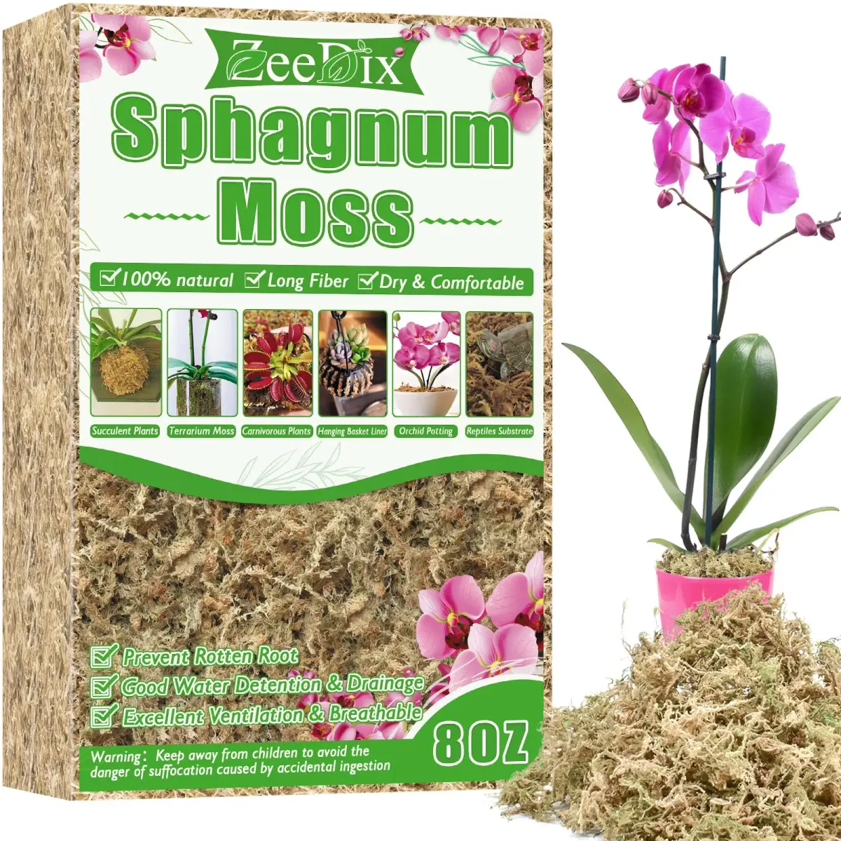 ZeeDix Natural Sphagnum Moss 8 oz (226g) | Expands to 12 qt for Indoor Plants & Reptiles - main product image