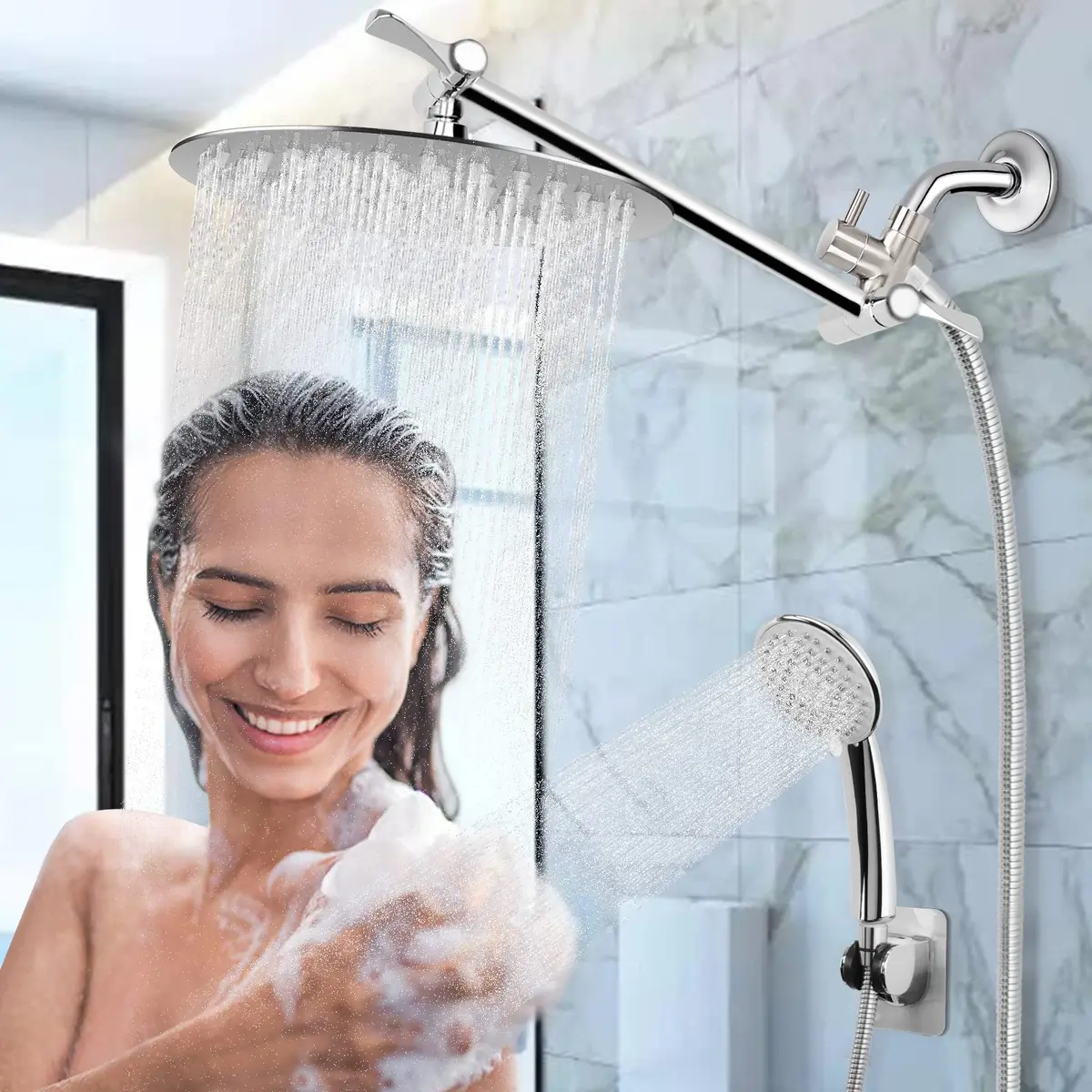NearMoon Solid Brass G1/2" Shower Arm All Metal Universal 3-Way Diverter Valve for Handheld and Fixed Head, Brushed Nickel - view 5