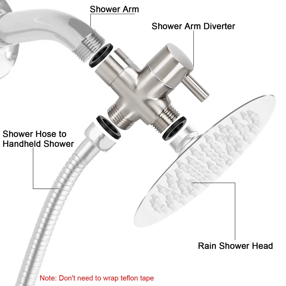 NearMoon Solid Brass G1/2" Shower Arm All Metal Universal 3-Way Diverter Valve for Handheld and Fixed Head, Brushed Nickel - view 2