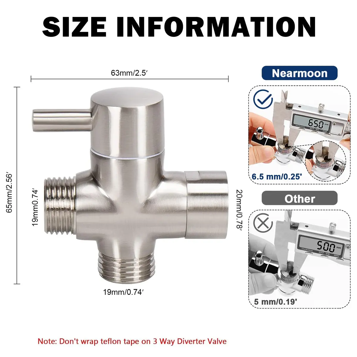 NearMoon Solid Brass G1/2" Shower Arm All Metal Universal 3-Way Diverter Valve for Handheld and Fixed Head, Brushed Nickel - view 3